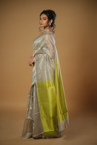 Anika - Handwoven Silk Cotton Saree - Moon Mist + Key Lime