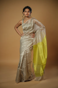 Anika - Handwoven Silk Cotton Saree - Moon Mist + Key Lime