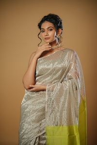 Anika - Handwoven Silk Cotton Saree - Moon Mist + Key Lime