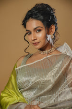 Load image into Gallery viewer, Anika - Handwoven Silk Cotton Saree - Moon Mist + Key Lime
