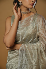 Load image into Gallery viewer, Anika - Handwoven Silk Cotton Saree - Moon Mist + Key Lime
