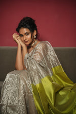 Load image into Gallery viewer, Anika - Handwoven Silk Cotton Saree - Moon Mist + Key Lime
