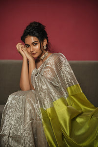 Anika - Handwoven Silk Cotton Saree - Moon Mist + Key Lime