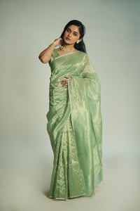 Anika - Handwoven Silk Cotton Saree - Moss Green + Gold