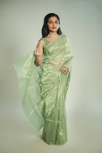 Anika - Handwoven Silk Cotton Saree - Moss Green + Gold