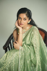 Anika - Handwoven Silk Cotton Saree - Moss Green + Gold