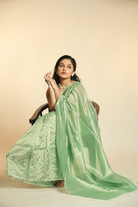 Anika - Handwoven Silk Cotton Saree - Moss Green + Gold