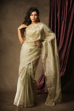 Load image into Gallery viewer, Sona - Crushed Tissue Silk Saree - Ice Silver Green
