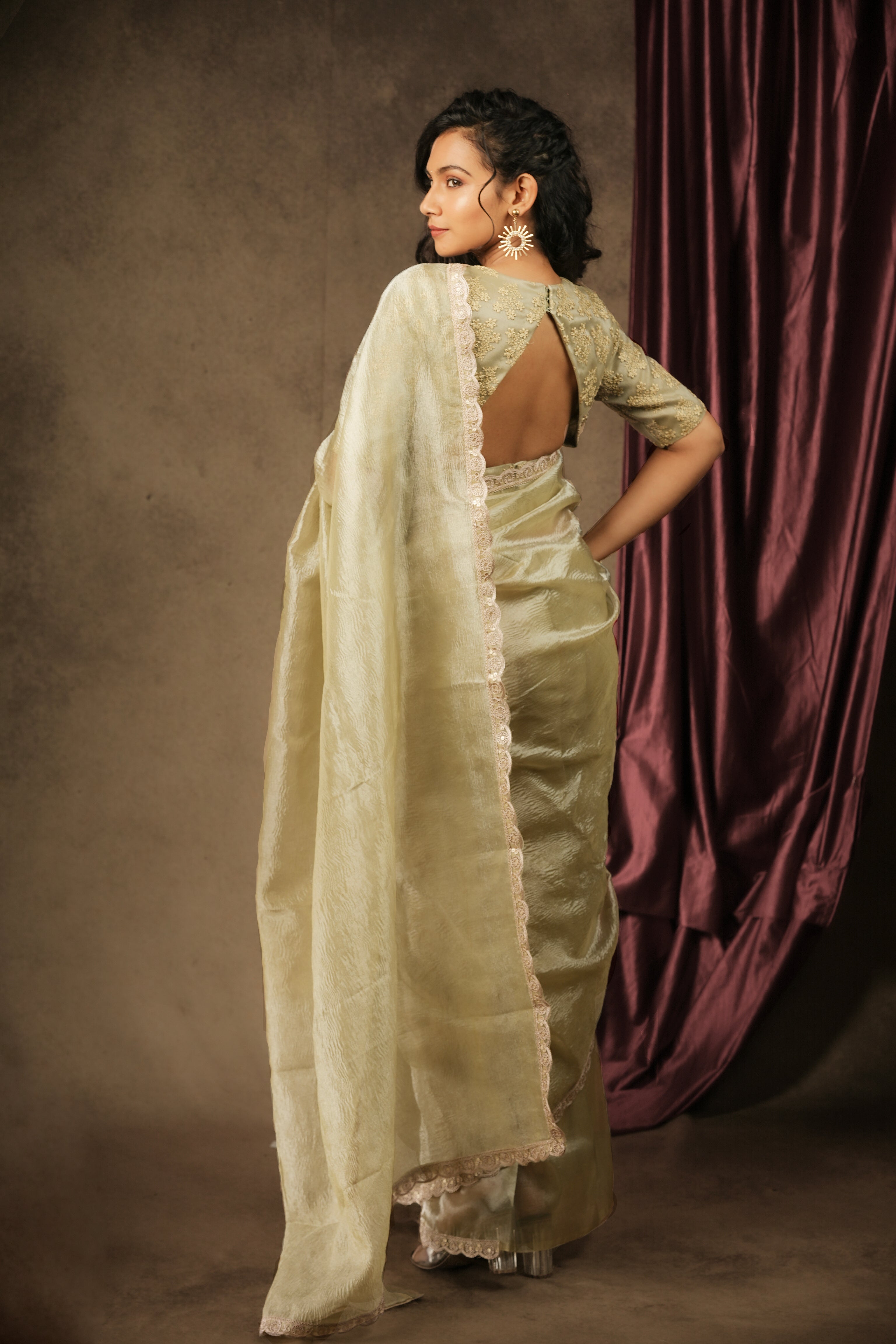 Sona - Crushed Tissue Silk Saree - Ice Silver Green