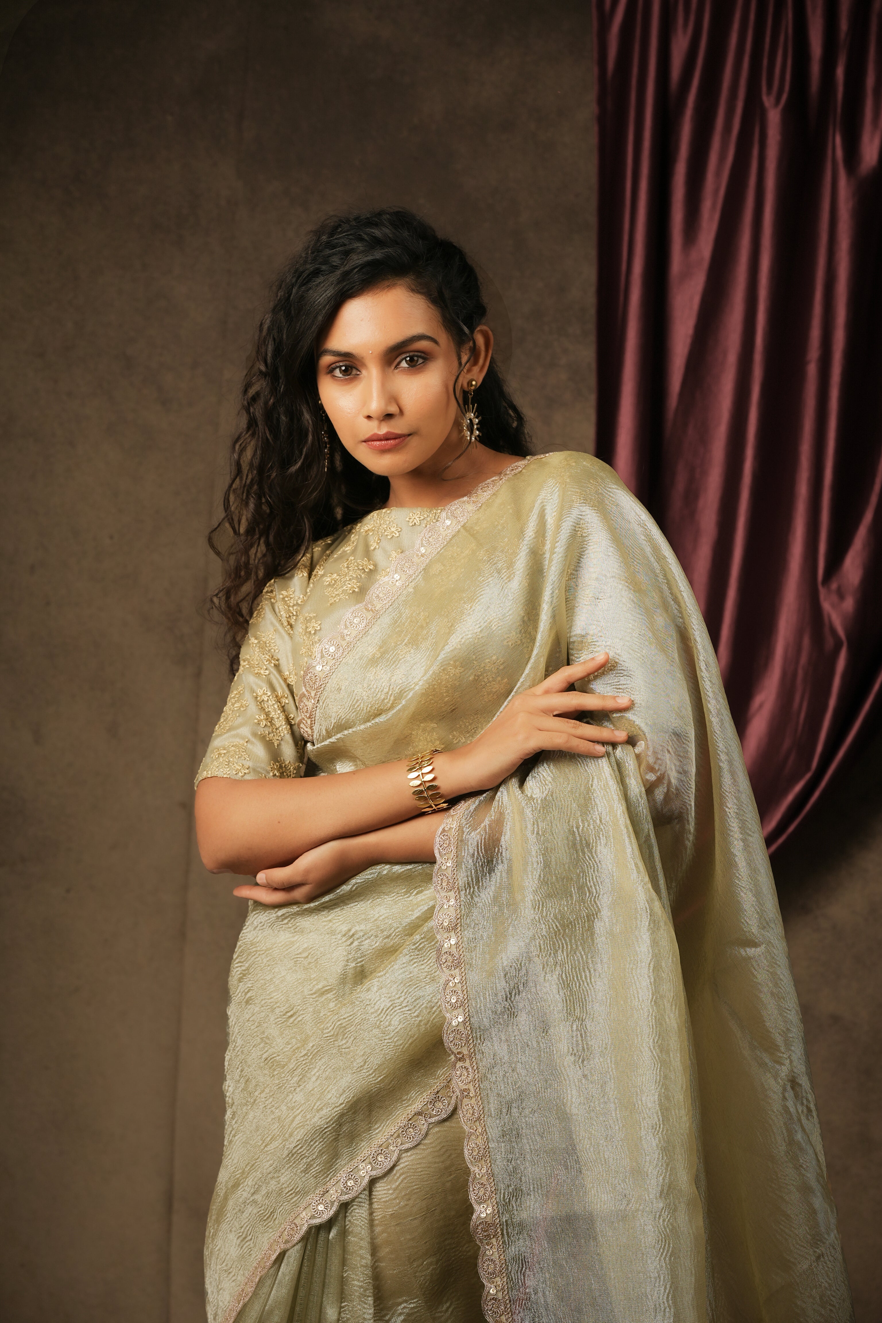 Sona - Crushed Tissue Silk Saree - Ice Silver Green