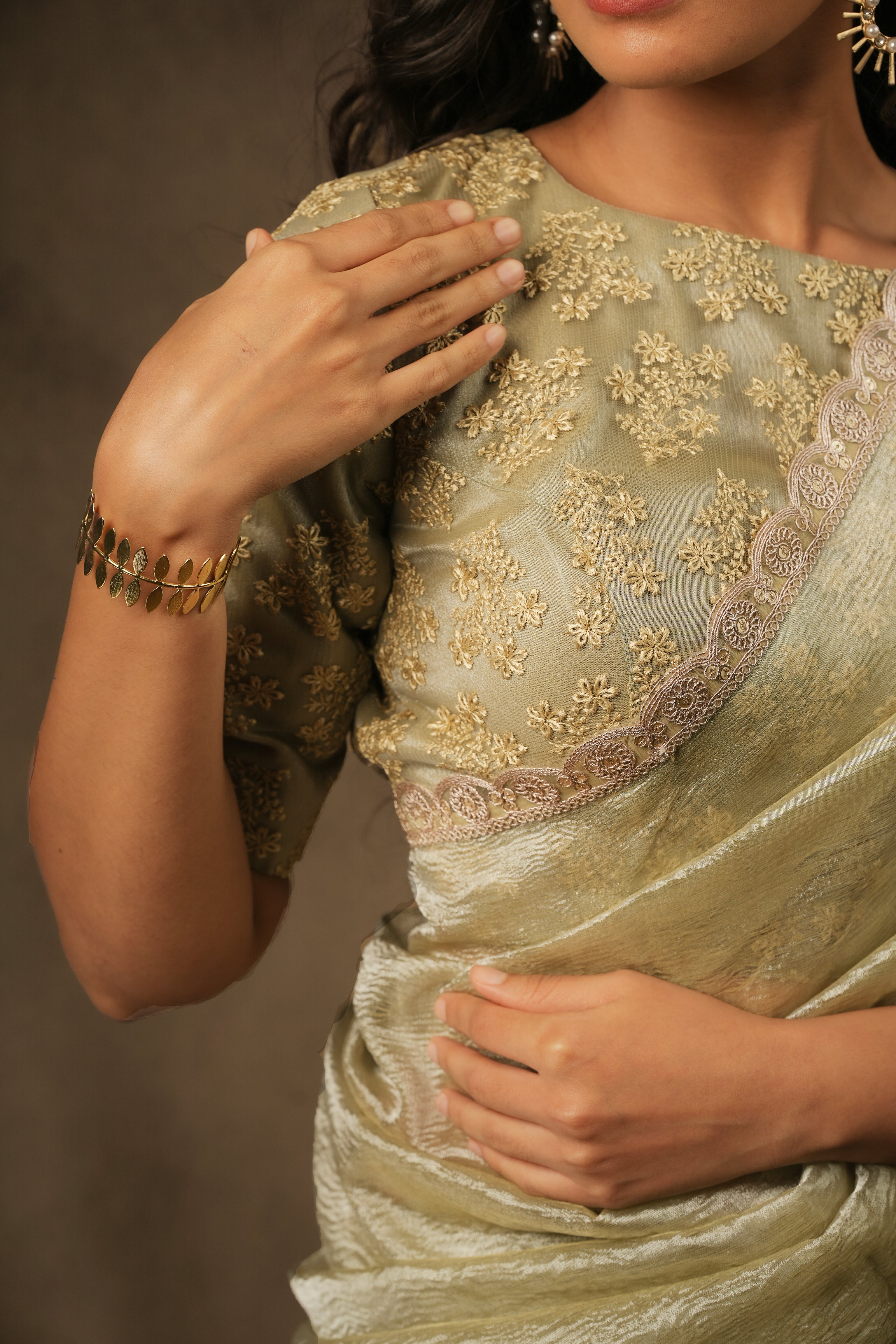 Sona - Crushed Tissue Silk Saree - Ice Silver Green