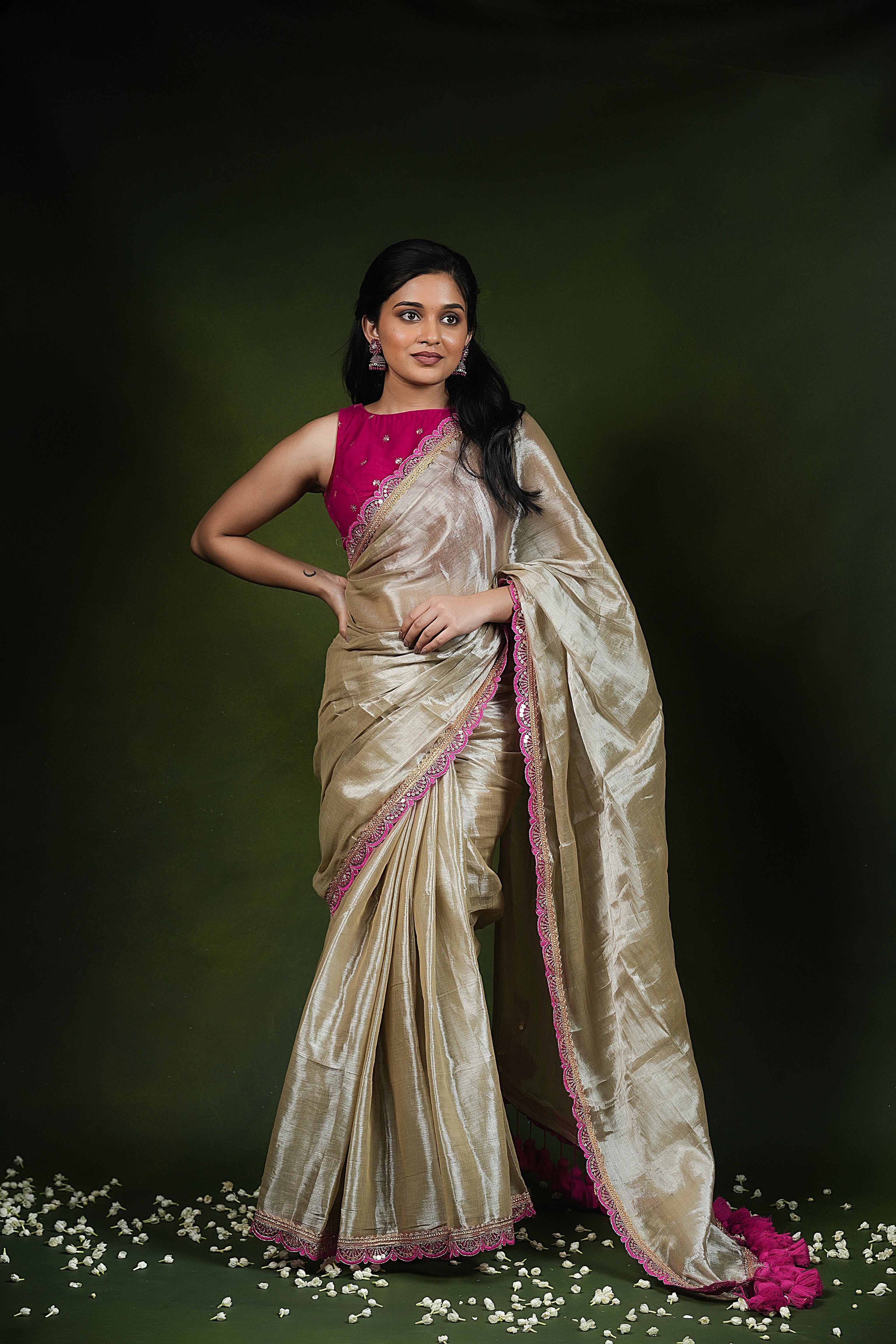 Ruhi - Handwoven Tissue Saree - Silver Cream + Persian Pink Rose