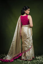 Load image into Gallery viewer, Ruhi - Handwoven Tissue Saree - Silver Cream + Persian Pink Rose
