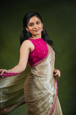 Load image into Gallery viewer, Ruhi - Handwoven Tissue Saree - Silver Cream + Persian Pink Rose
