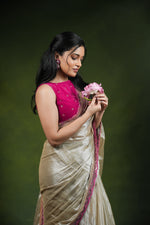 Load image into Gallery viewer, Ruhi - Handwoven Tissue Saree - Silver Cream + Persian Pink Rose
