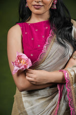 Load image into Gallery viewer, Ruhi - Handwoven Tissue Saree - Silver Cream + Persian Pink Rose
