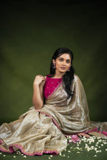 Load image into Gallery viewer, Ruhi - Handwoven Tissue Saree - Silver Cream + Persian Pink Rose
