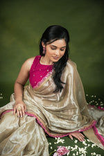 Load image into Gallery viewer, Ruhi - Handwoven Tissue Saree - Silver Cream + Persian Pink Rose
