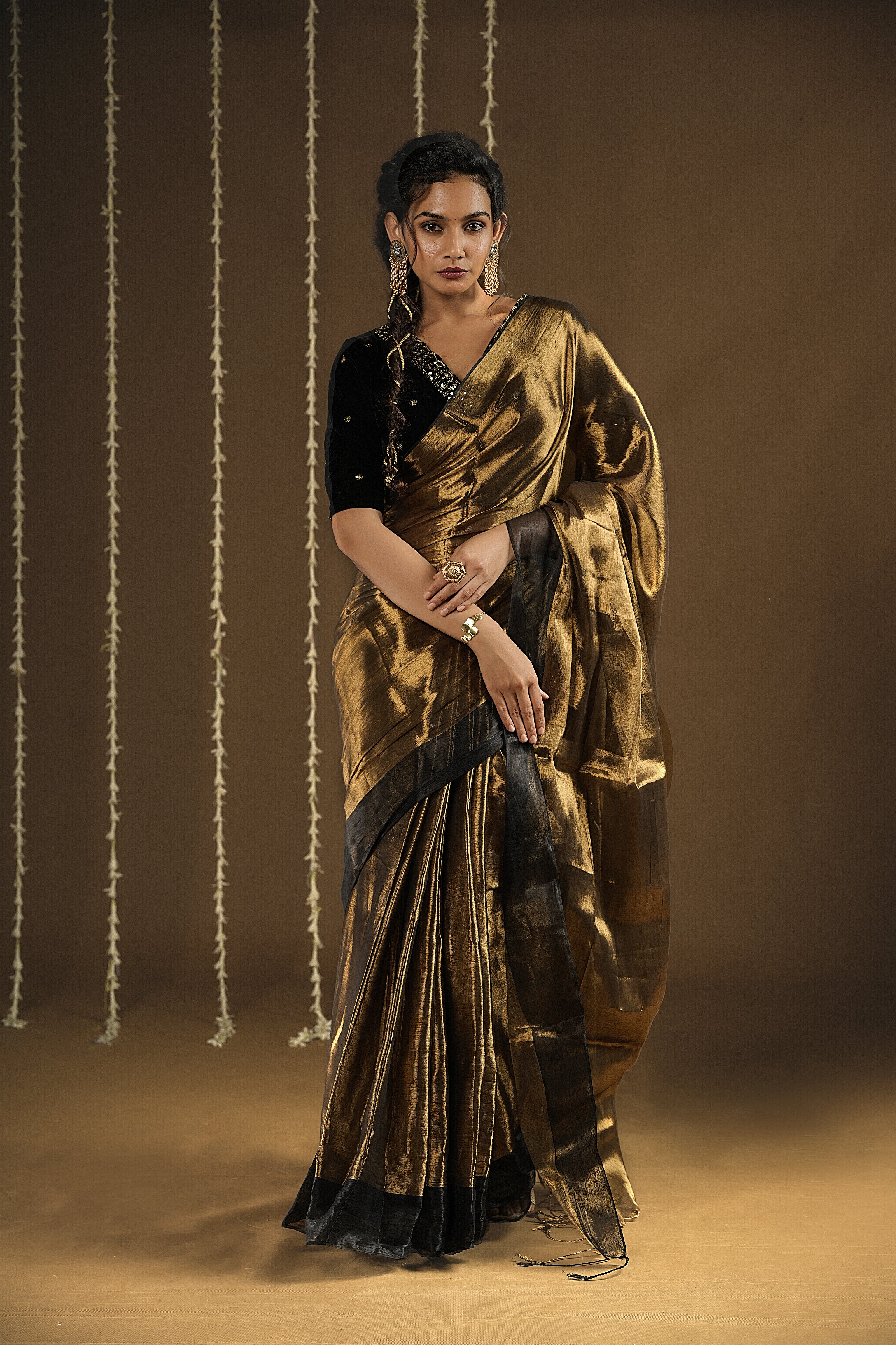 Lyla - Handwoven Tissue Saree - Flame Gold + Black