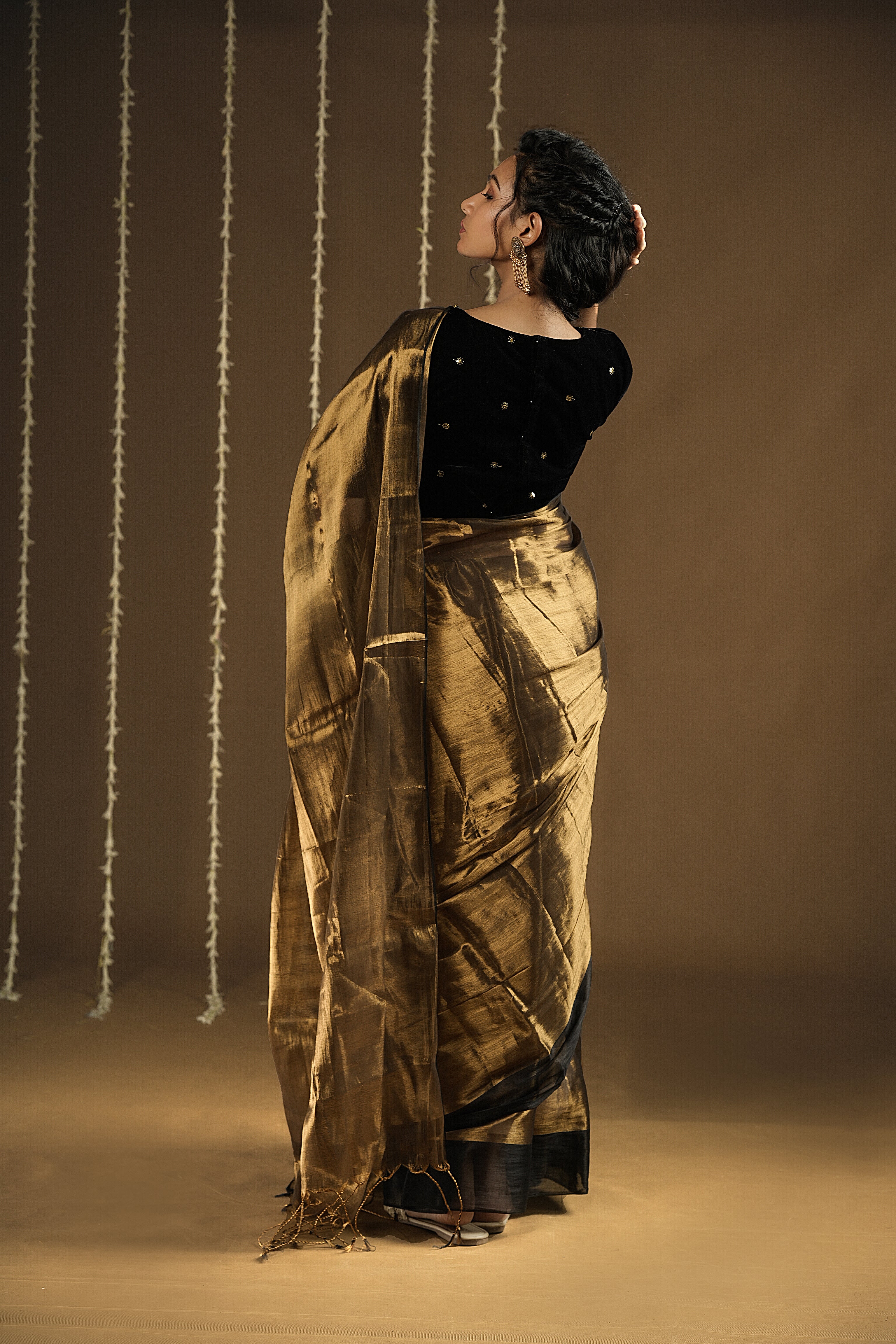 Lyla - Handwoven Tissue Saree - Flame Gold + Black