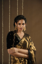 Load image into Gallery viewer, Lyla - Handwoven Tissue Saree - Flame Gold + Black
