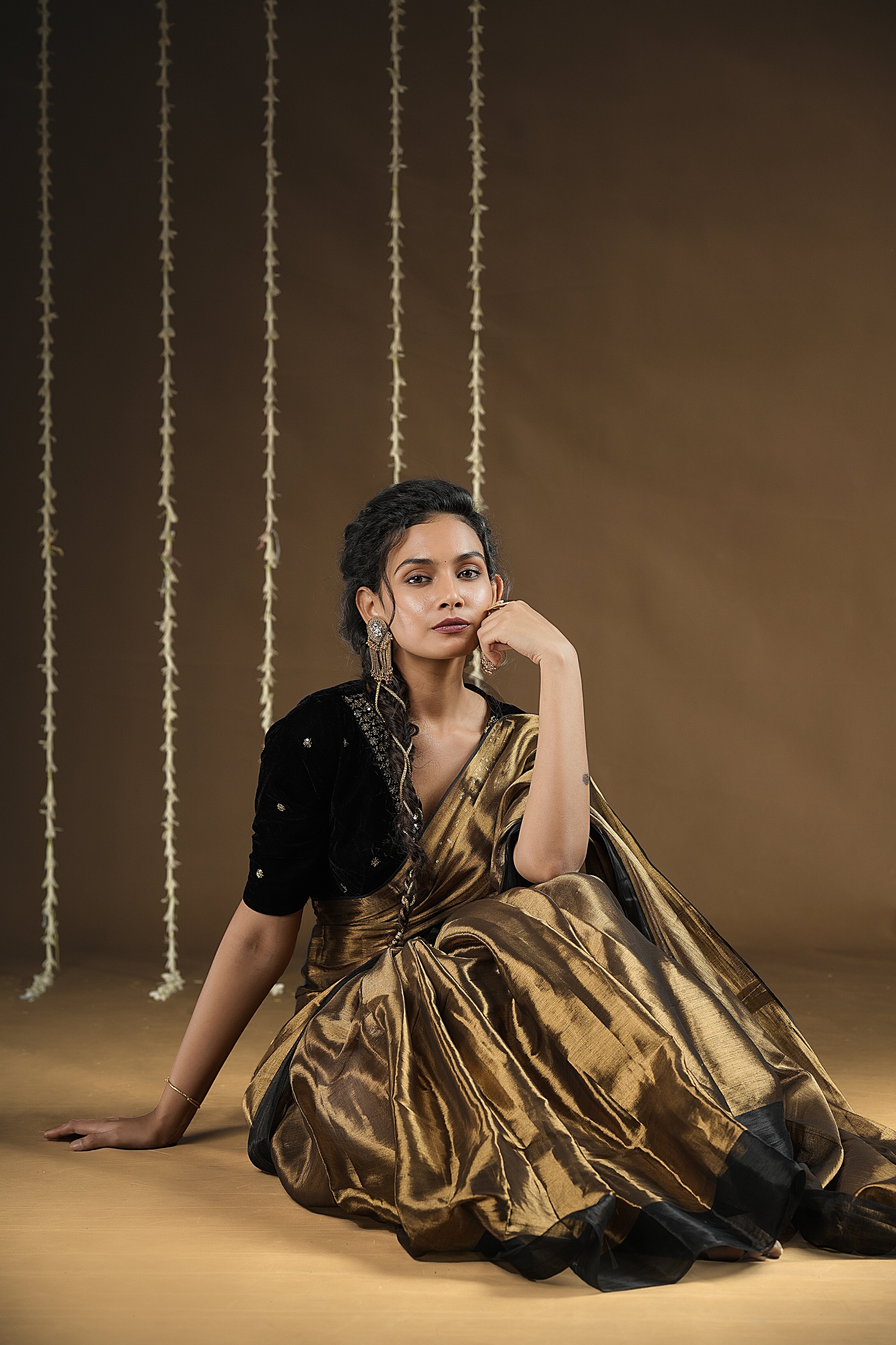 Lyla - Handwoven Tissue Saree - Flame Gold + Black