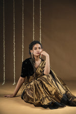 Load image into Gallery viewer, Lyla - Handwoven Tissue Saree - Flame Gold + Black
