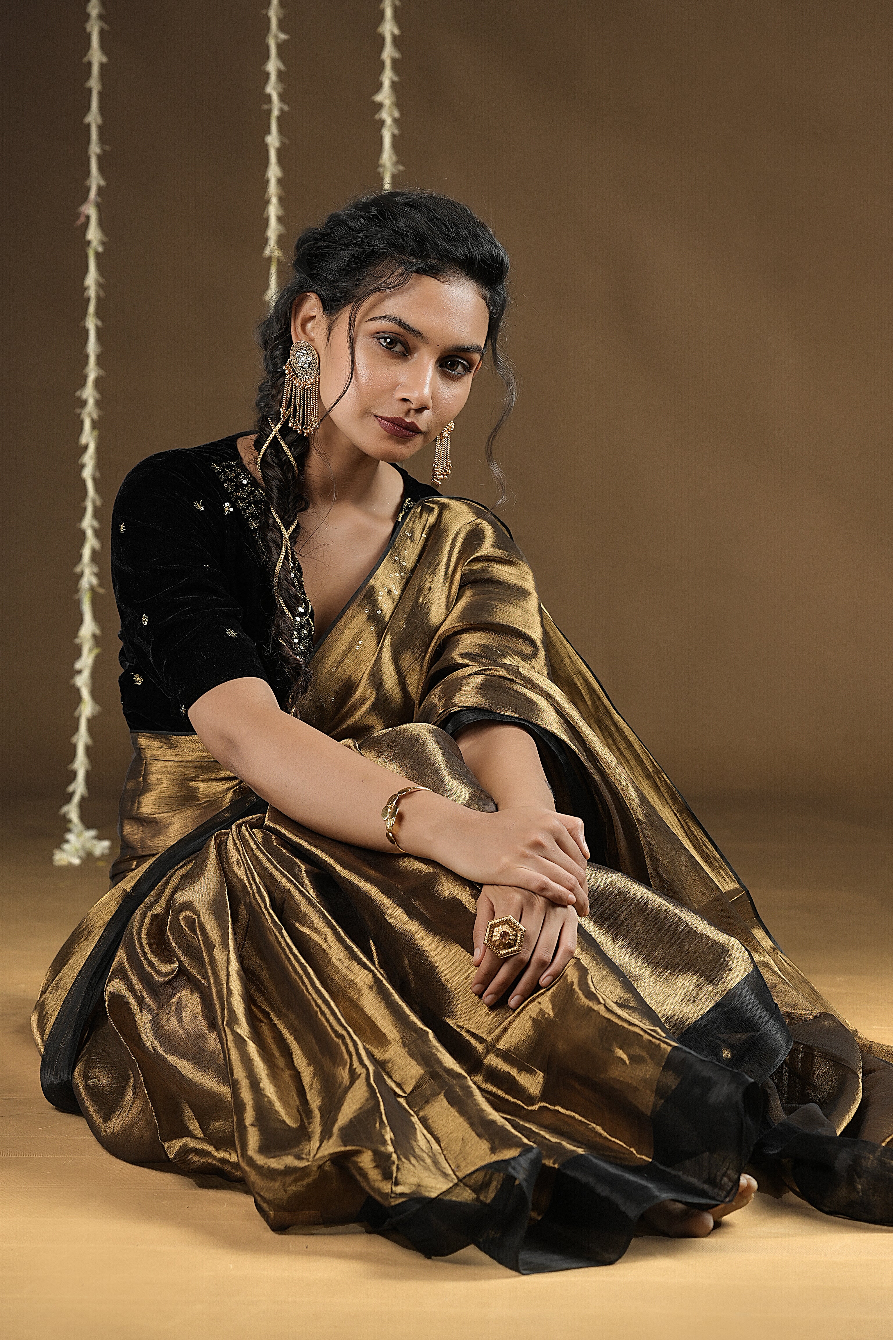 Lyla - Handwoven Tissue Saree - Flame Gold + Black