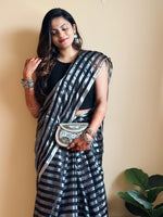 Load image into Gallery viewer, Handwoven Cotton Saree - Black Night + Silver Zari
