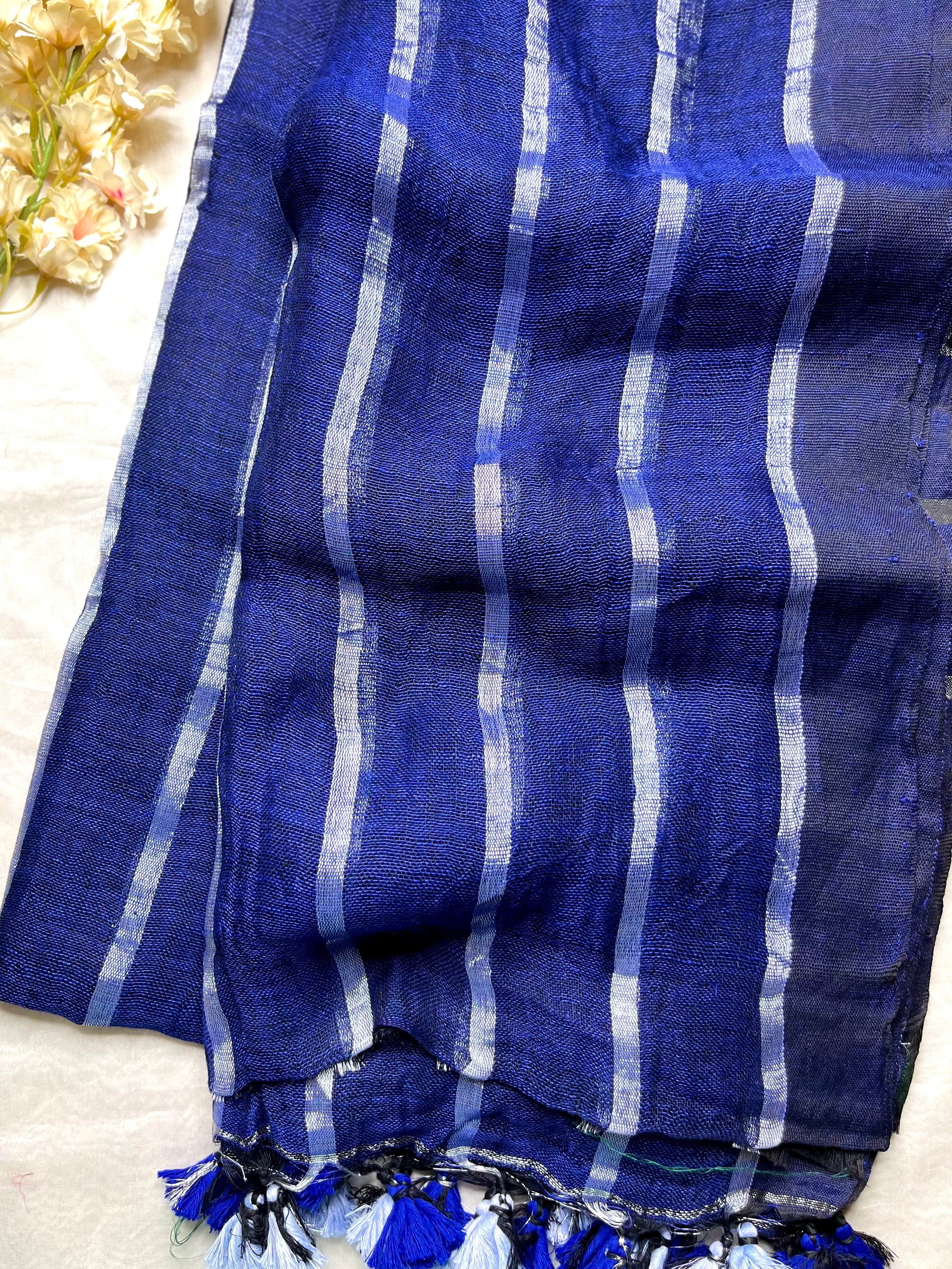 Handwoven Linen Saree - Royal Blue + Silver