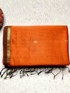 Handwoven Maheshwari Silk Cotton Saree - Orange + Cerise Red