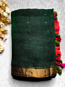 Handwoven Linen Saree -  Bottle Green + Gold