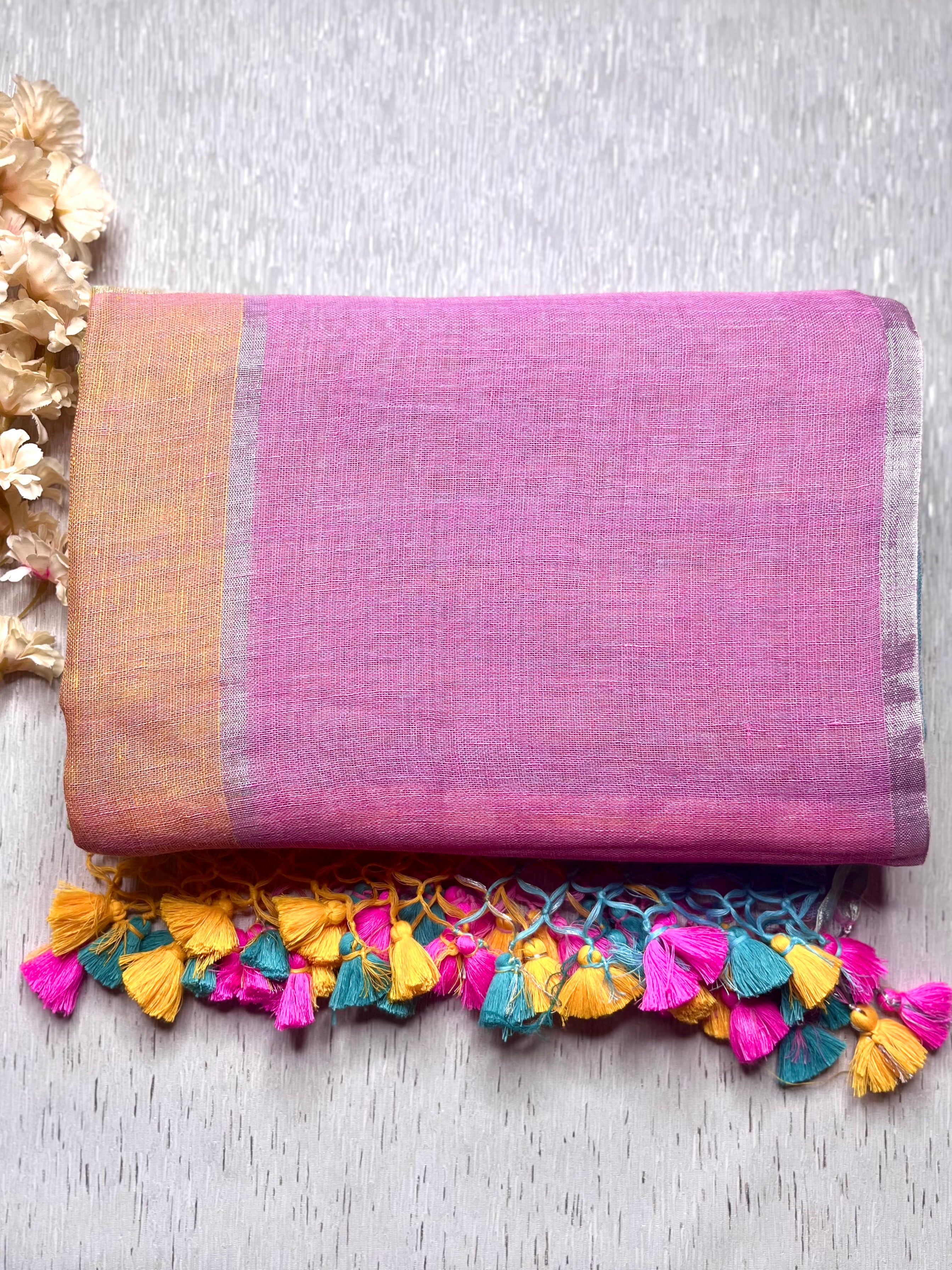 Handwoven Linen Saree - Lavender Rose + Candy Corn Yellow