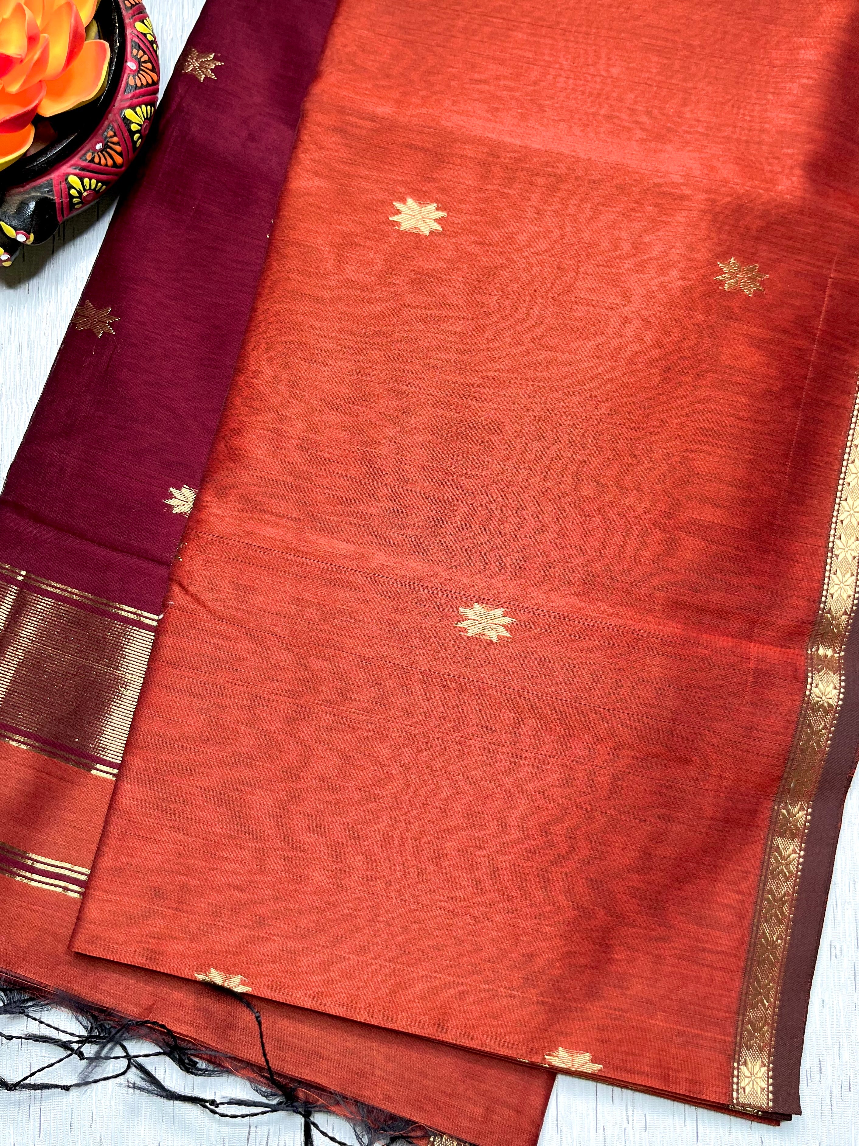Handwoven Maheshwari Silk Cotton Saree -  Mexican Orange + Flush Maroon