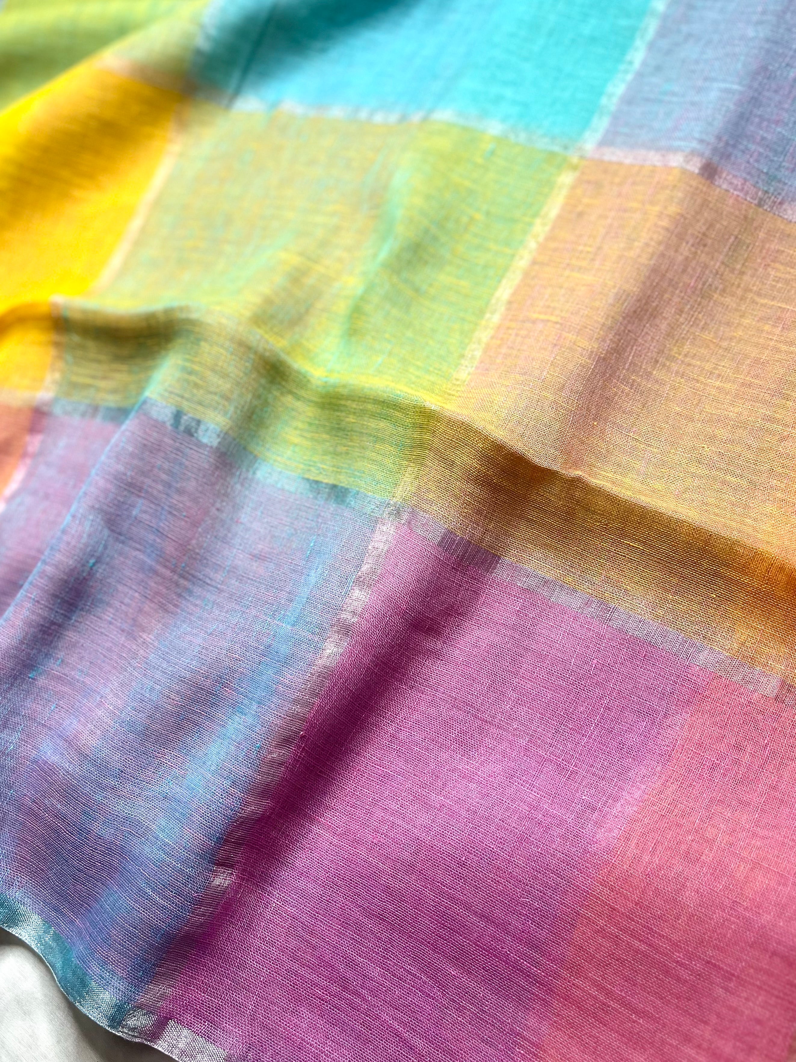 Handwoven Linen Saree - Lavender Rose + Candy Corn Yellow