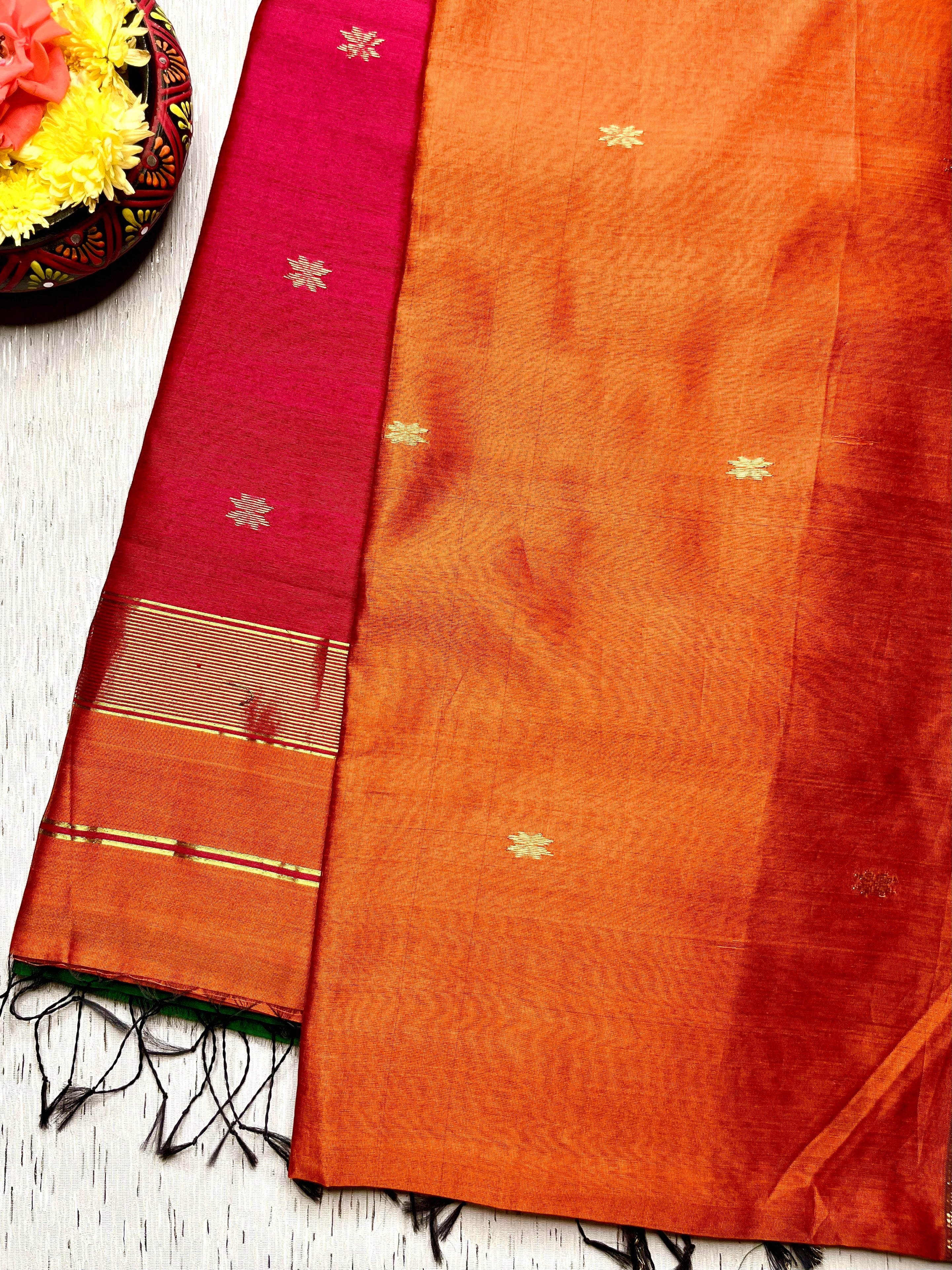 Handwoven Maheshwari Silk Cotton Saree - Orange + Cerise Red