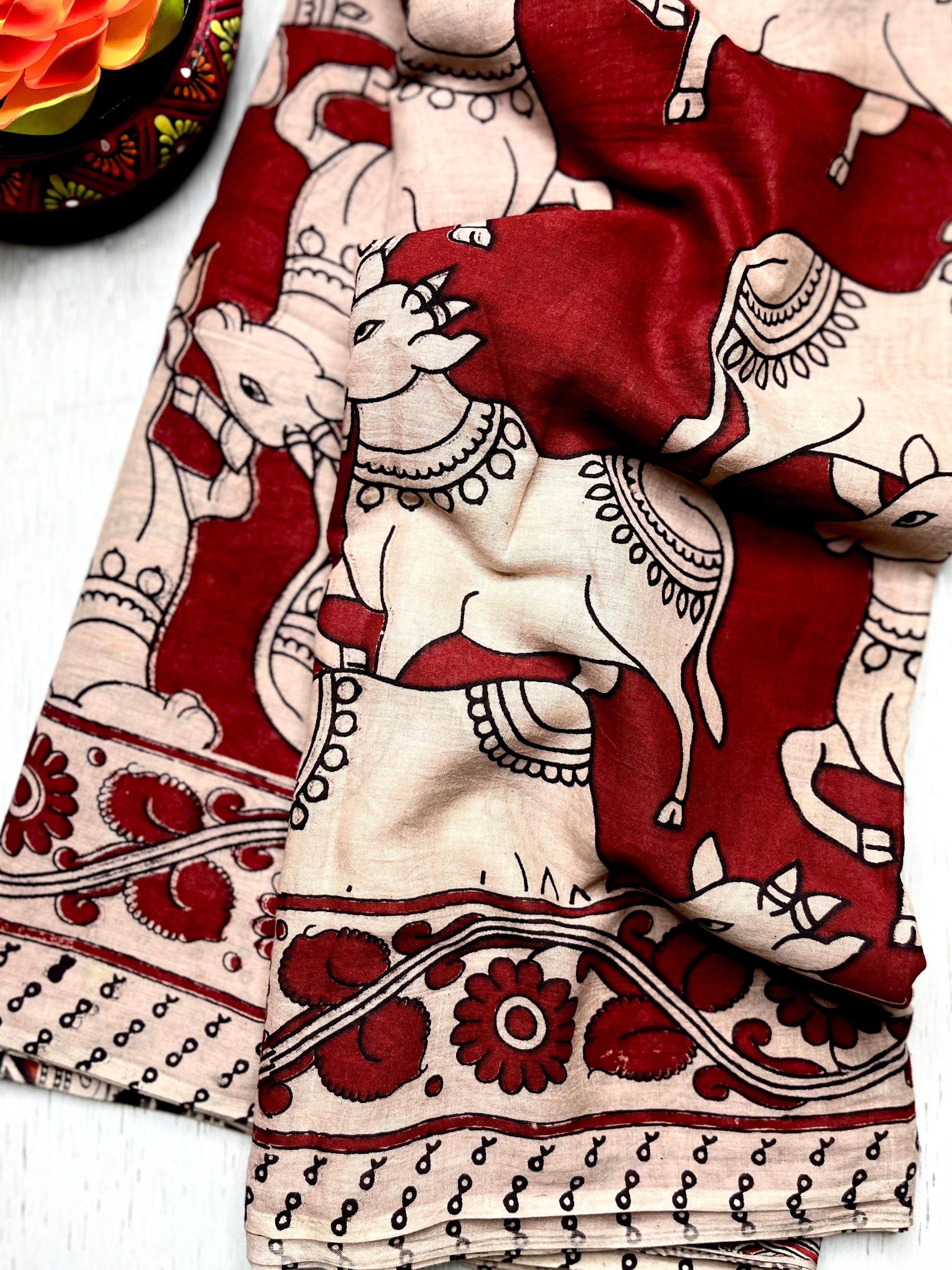 Handcrafted Kalamkari Cotton Saree - Persian Maroon + Soft Cream