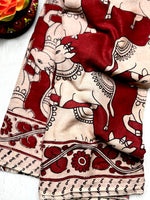 Load image into Gallery viewer, Handcrafted Kalamkari Cotton Saree - Persian Maroon + Soft Cream
