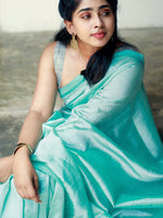 Load image into Gallery viewer, Handwoven Silk Cotton Saree - Pale Turquoise  + Tissue Grey
