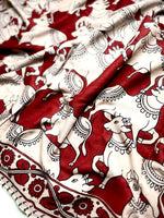 Load image into Gallery viewer, Handcrafted Kalamkari Cotton Saree - Persian Maroon + Soft Cream
