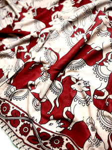 Handcrafted Kalamkari Cotton Saree - Persian Maroon + Soft Cream