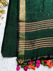 Handwoven Linen Saree -  Bottle Green + Gold