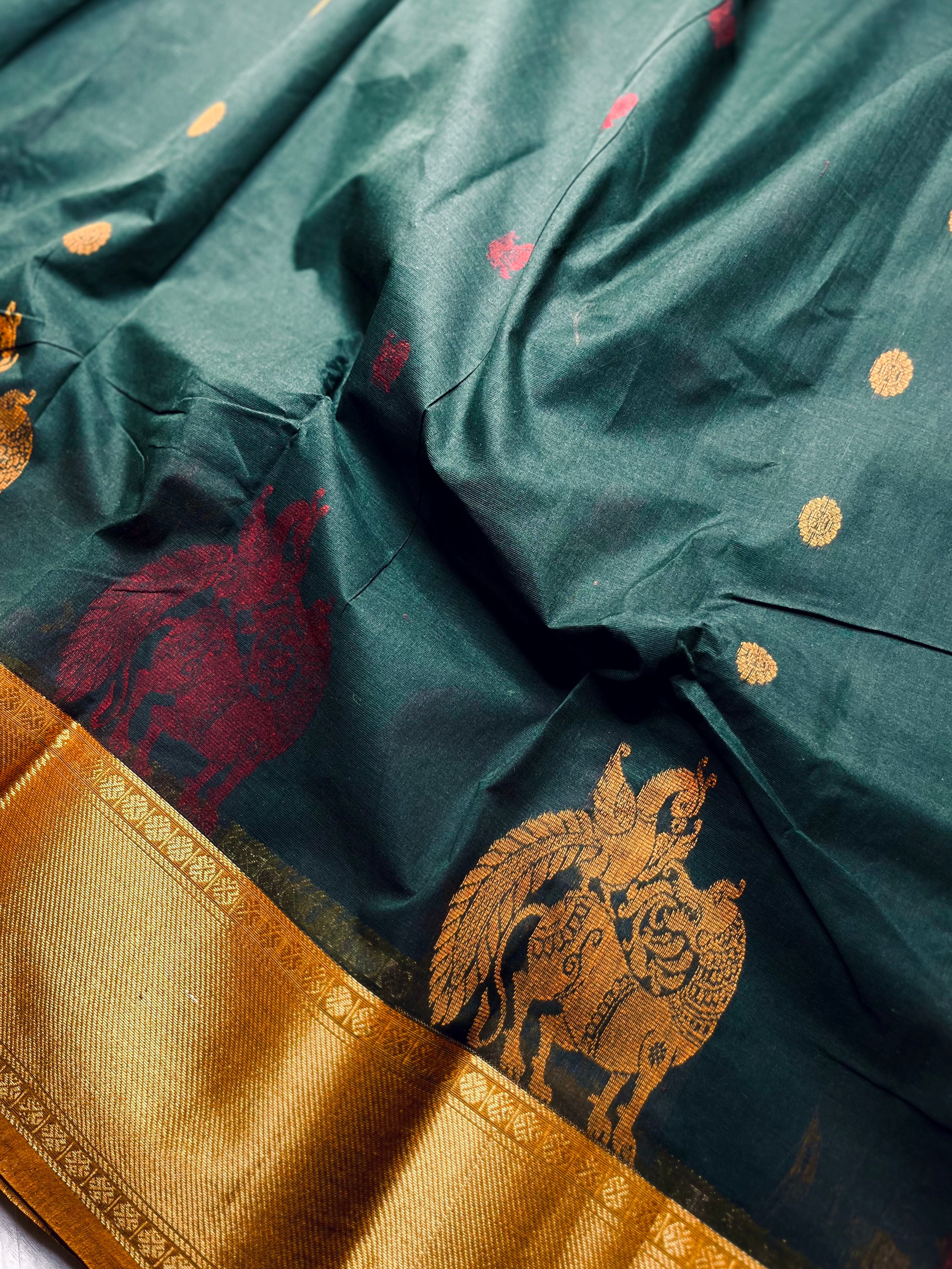 Kanchi Cotton Saree - Deep Green + Fuel Yellow