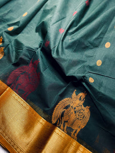Kanchi Cotton Saree - Deep Green + Fuel Yellow