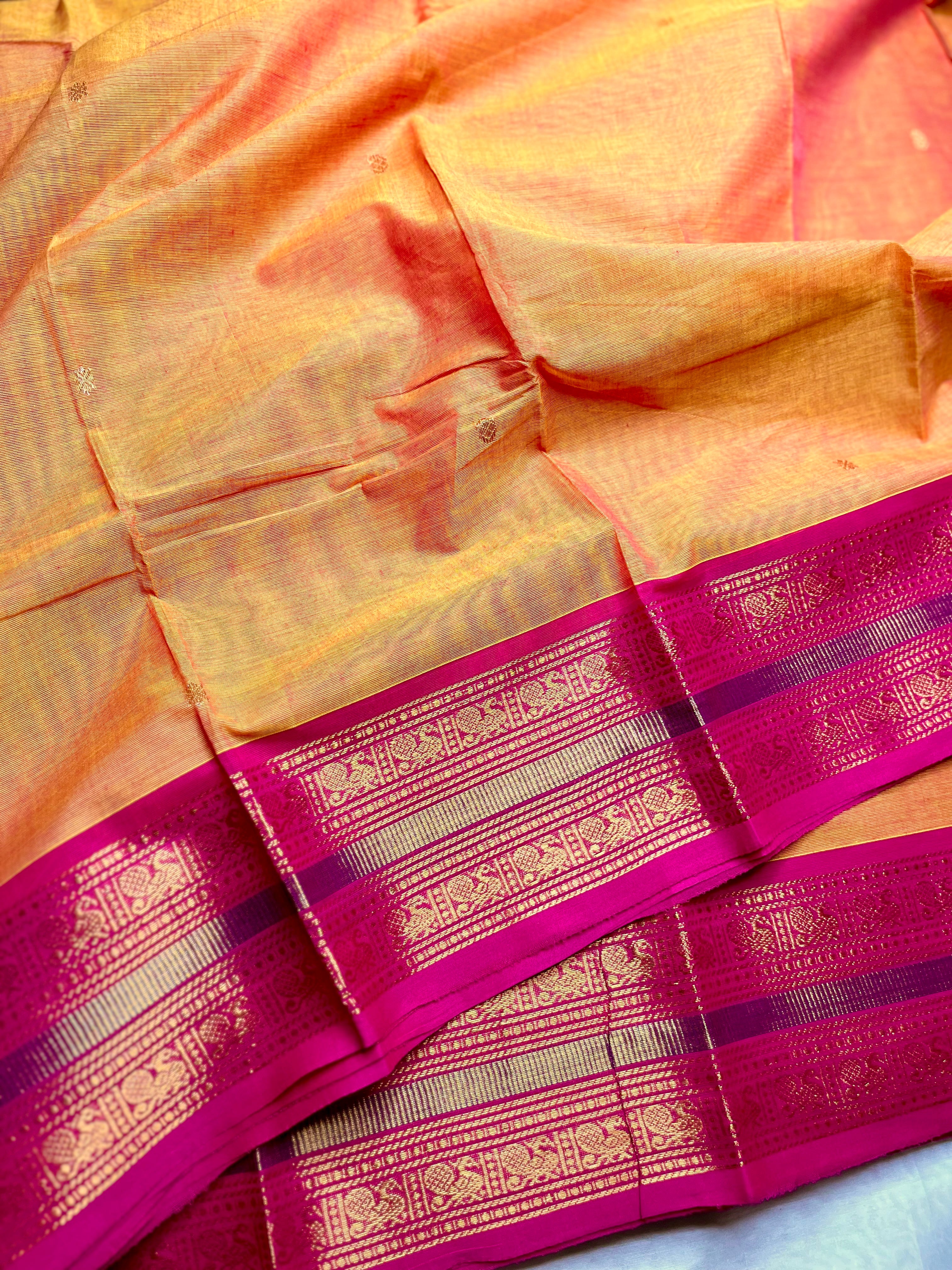 Chettinad Cotton Saree -  Bright Sun + Crimson Pink