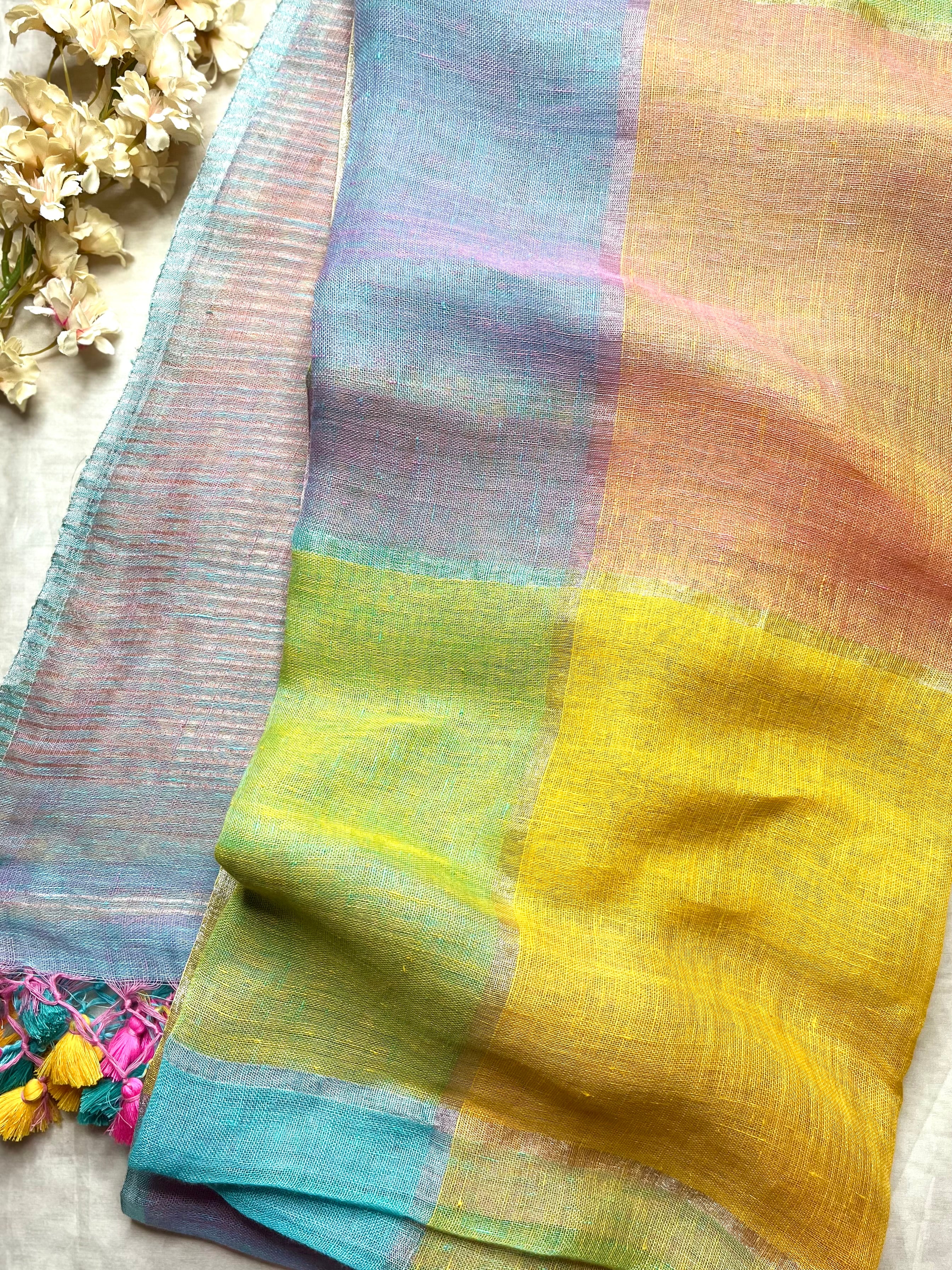 Handwoven Linen Saree - Lavender Rose + Candy Corn Yellow