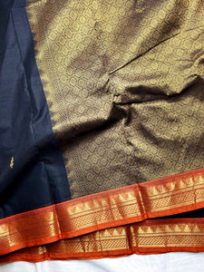 Chettinad Cotton Saree - Thunder Black +  Blaze Orange