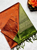Load image into Gallery viewer, Soft Silk Saree  -  Rust Orange + Turtle Green
