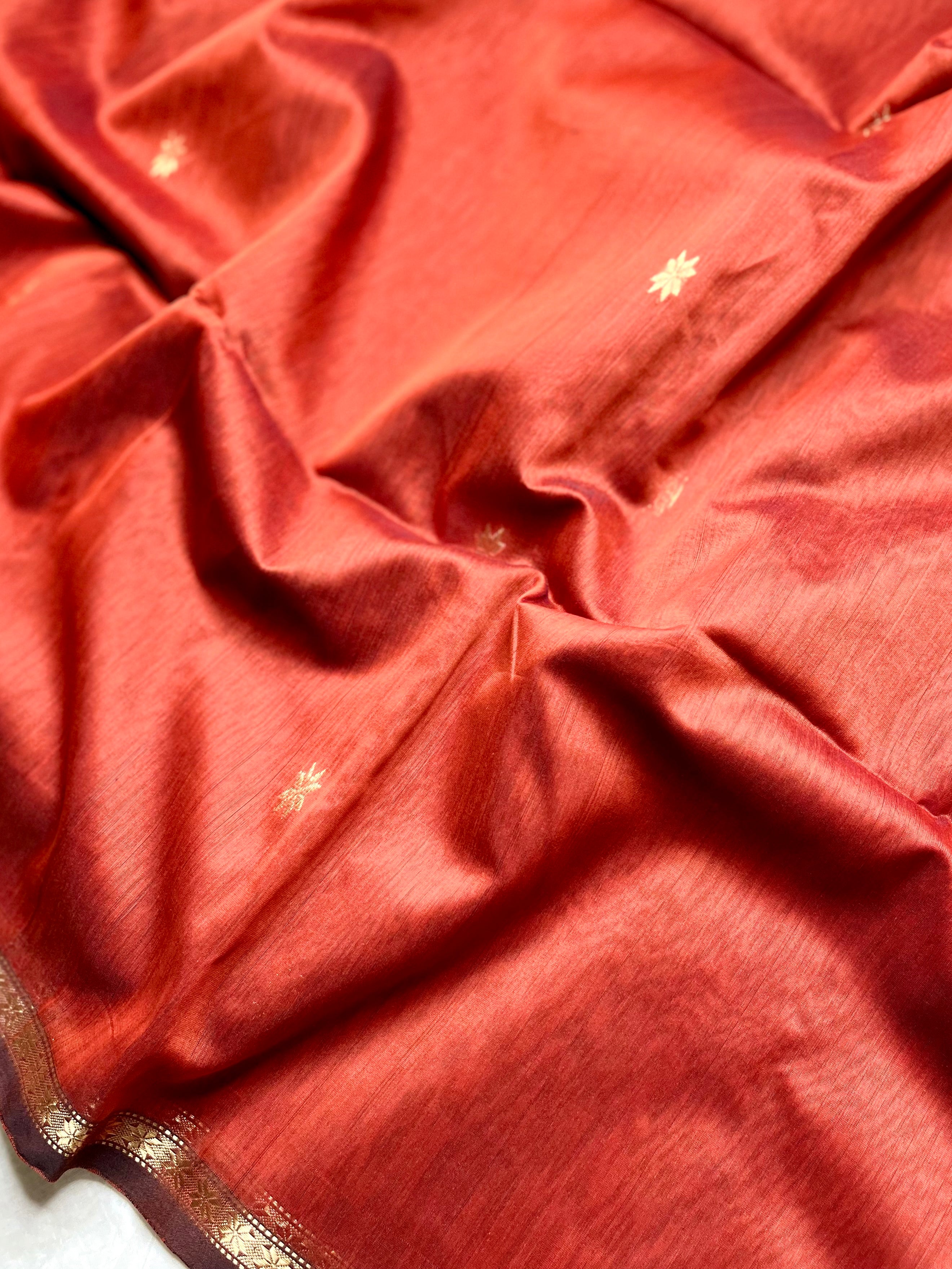 Handwoven Maheshwari Silk Cotton Saree -  Mexican Orange + Flush Maroon