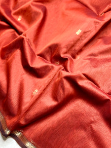 Handwoven Maheshwari Silk Cotton Saree -  Mexican Orange + Flush Maroon